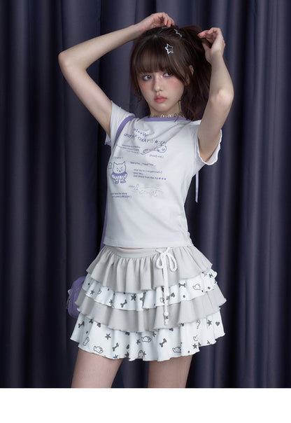 Kawaii Graphic Tee With Ribbon-Tied Cutout Back
