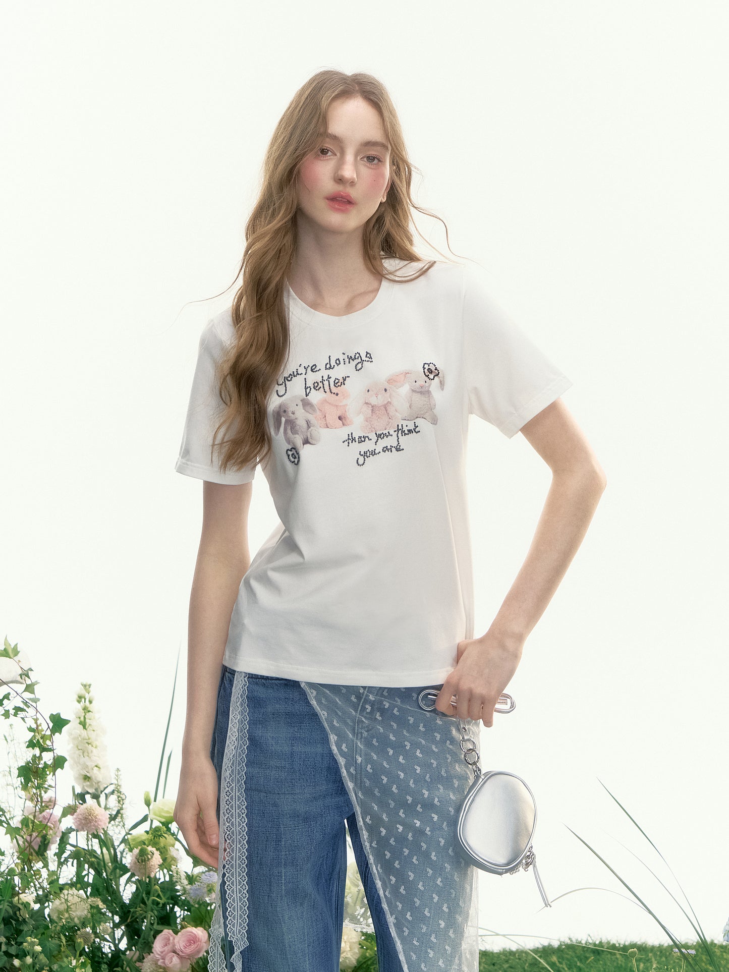 Beaded Plush Rabbit Print T-Shirt