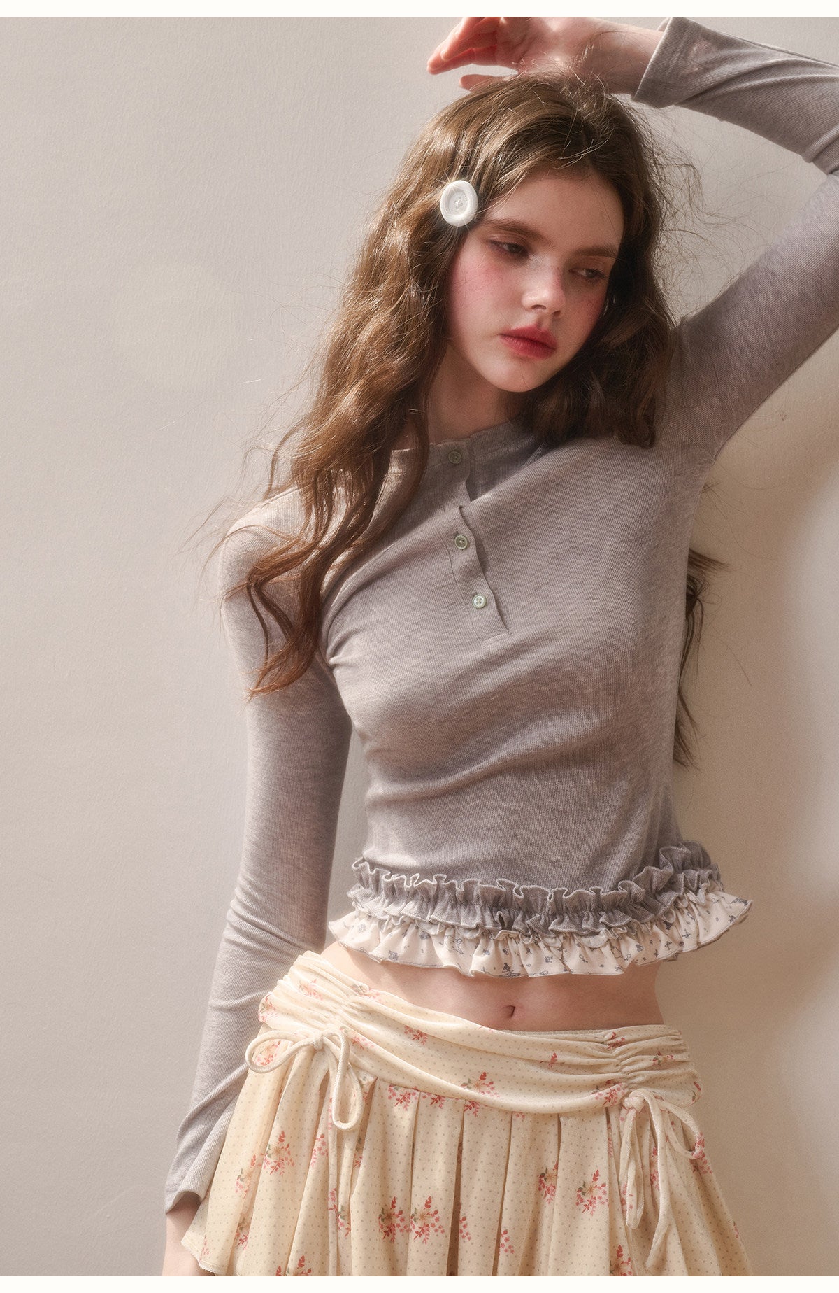 Bunny Print Henley Neck Ruffled T-Shirt