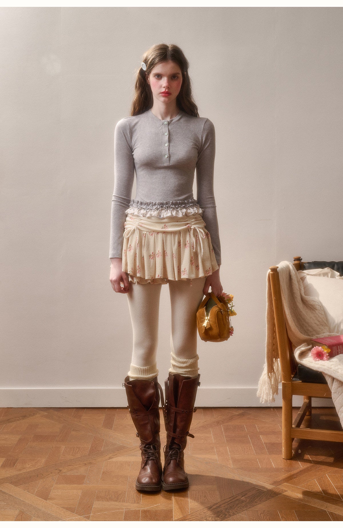 Bunny Print Henley Neck Ruffled T-Shirt