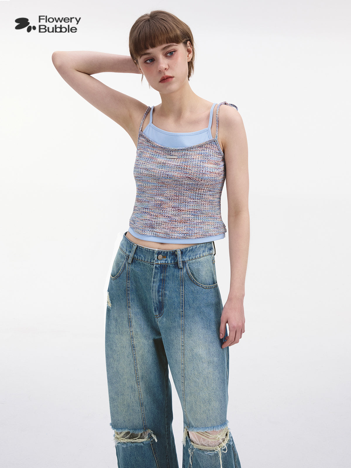 Faux-Double Melange Knit Cami With Contrast Colors