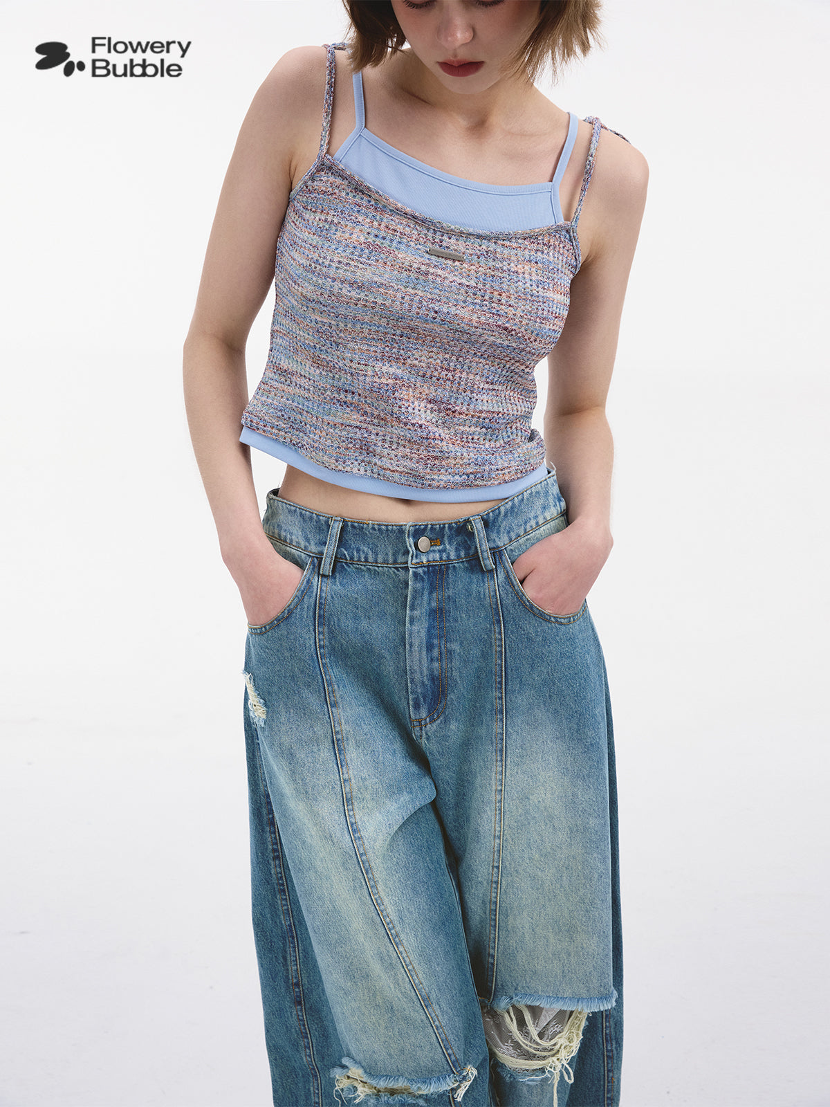 Faux-Double Melange Knit Cami With Contrast Colors