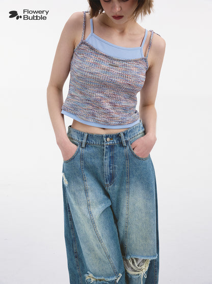 Faux-Double Melange Knit Cami With Contrast Colors
