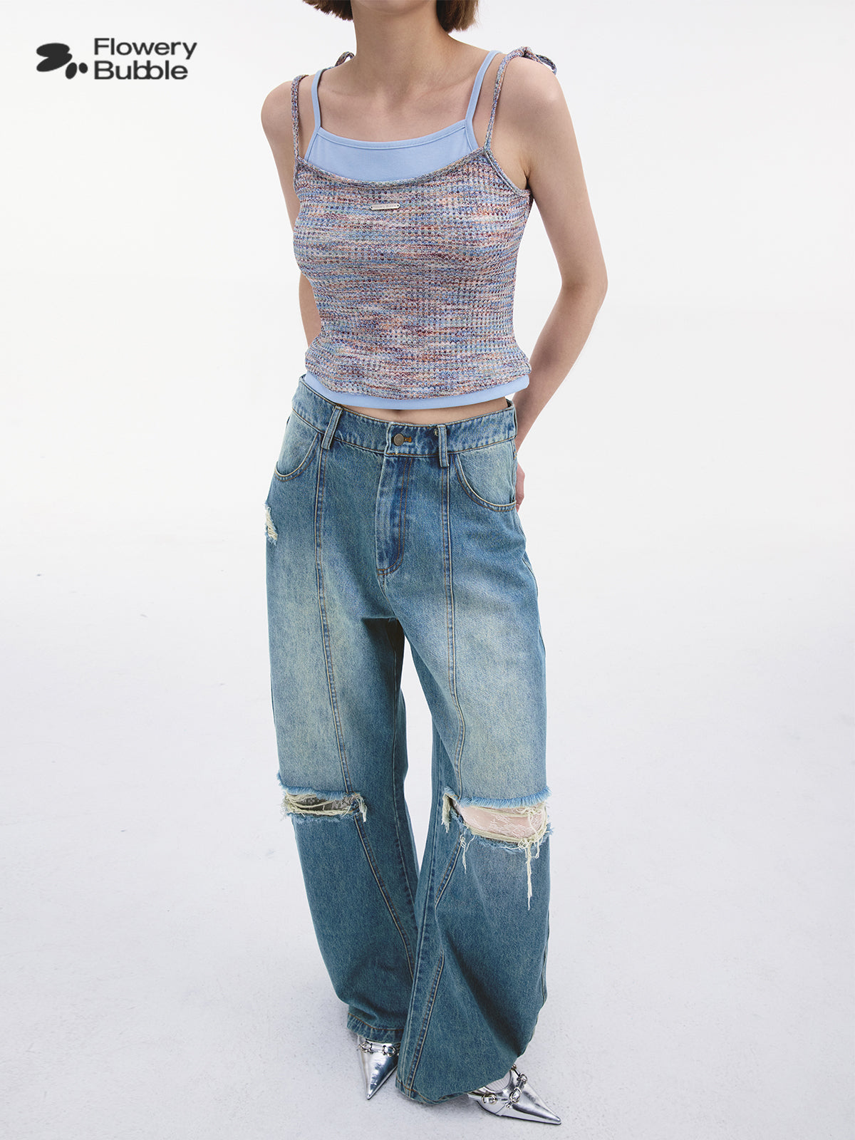 Faux-Double Melange Knit Cami With Contrast Colors