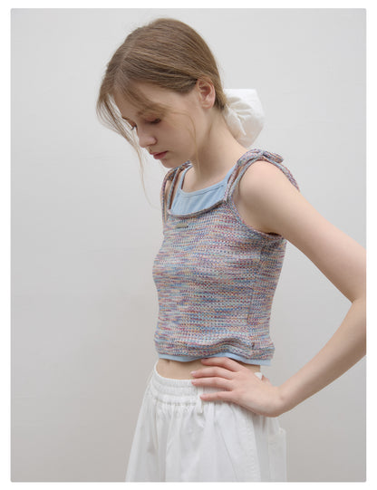 Faux-Double Melange Knit Cami With Contrast Colors