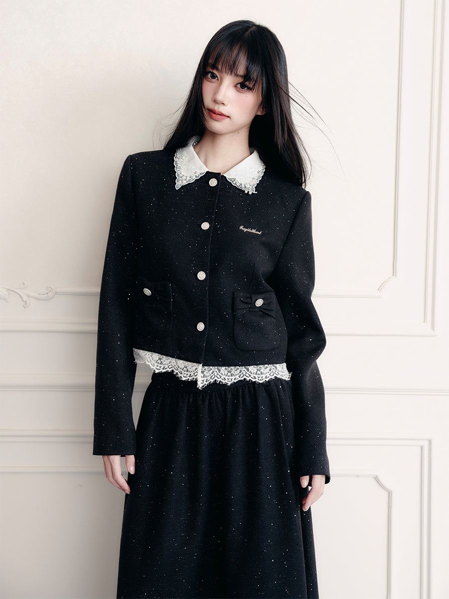 Lace-Collared Glitter Twill Jacket & Maxi Skirt