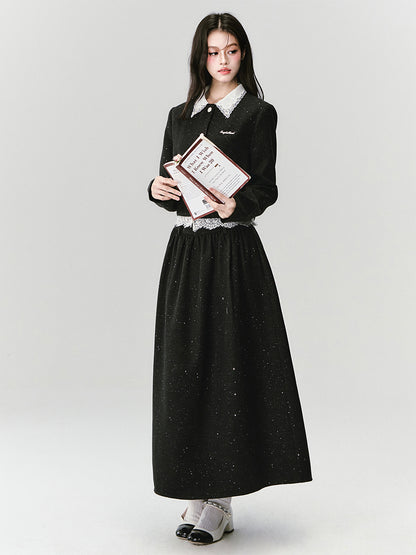 Lace-Collared Glitter Twill Jacket & Maxi Skirt