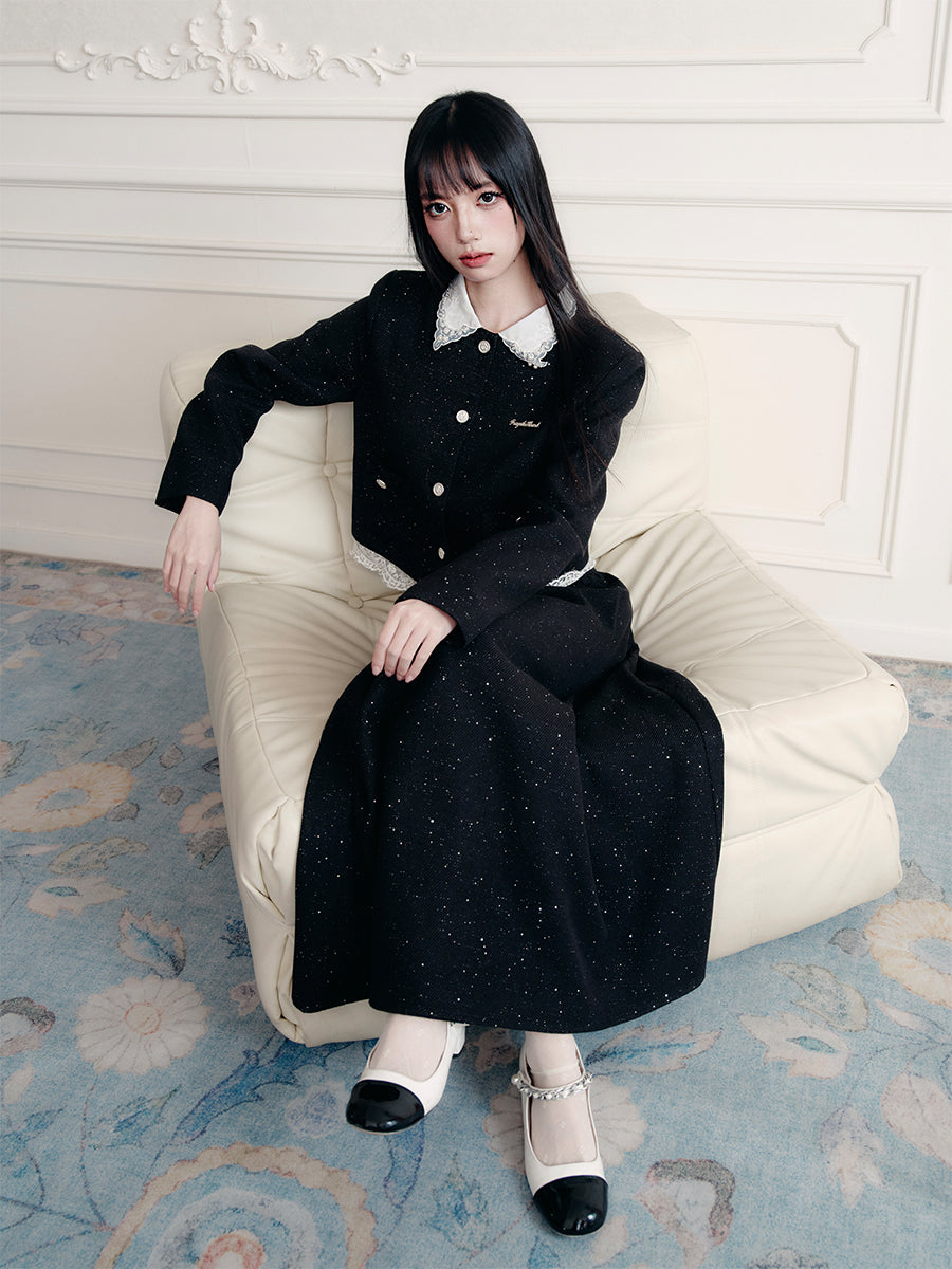 Lace-Collared Glitter Twill Jacket & Maxi Skirt