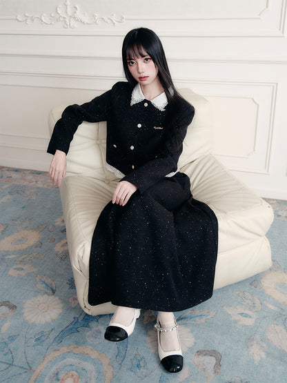 Lace-Collared Glitter Twill Jacket & Maxi Skirt