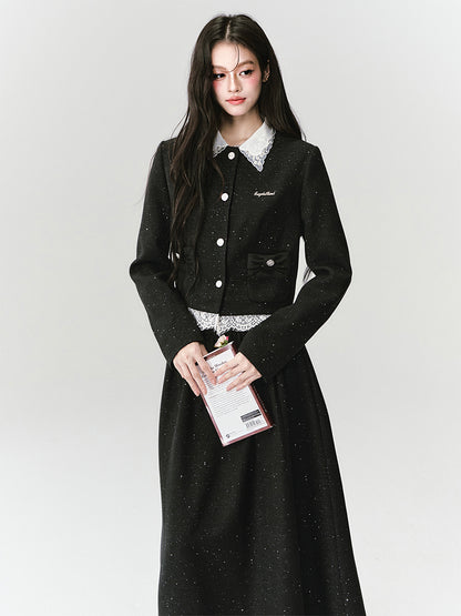 Lace-Collared Glitter Twill Jacket & Maxi Skirt