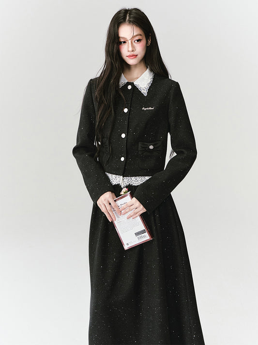 Lace-Collared Glitter Twill Jacket & Maxi Skirt