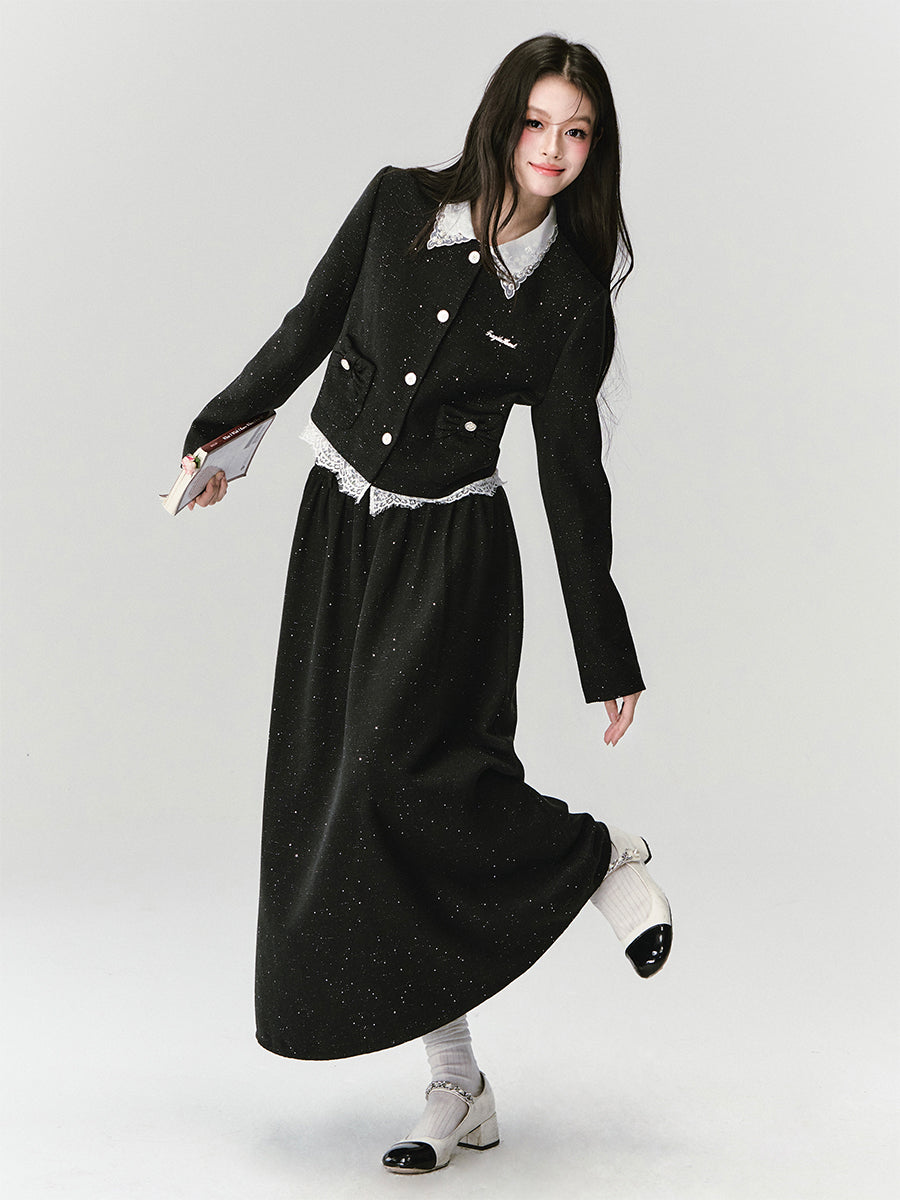 Lace-Collared Glitter Twill Jacket & Maxi Skirt