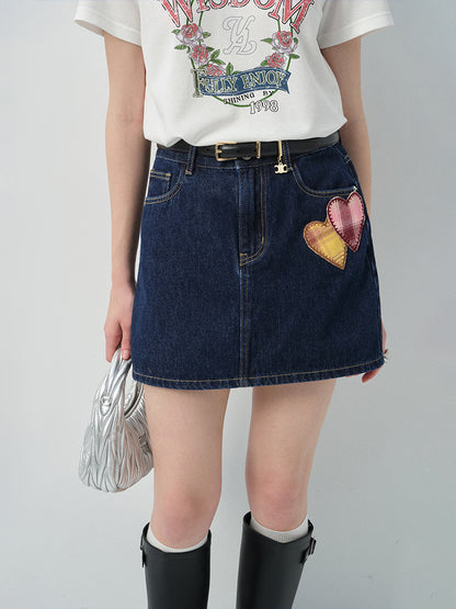 Plaid Heart Patch Denim Mini Skirt