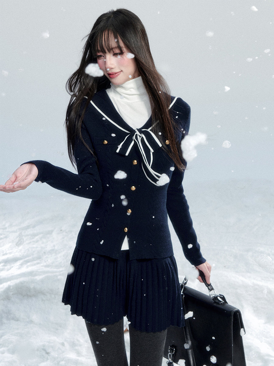Slim Fit Sailor Collar Knit Top & Skirt