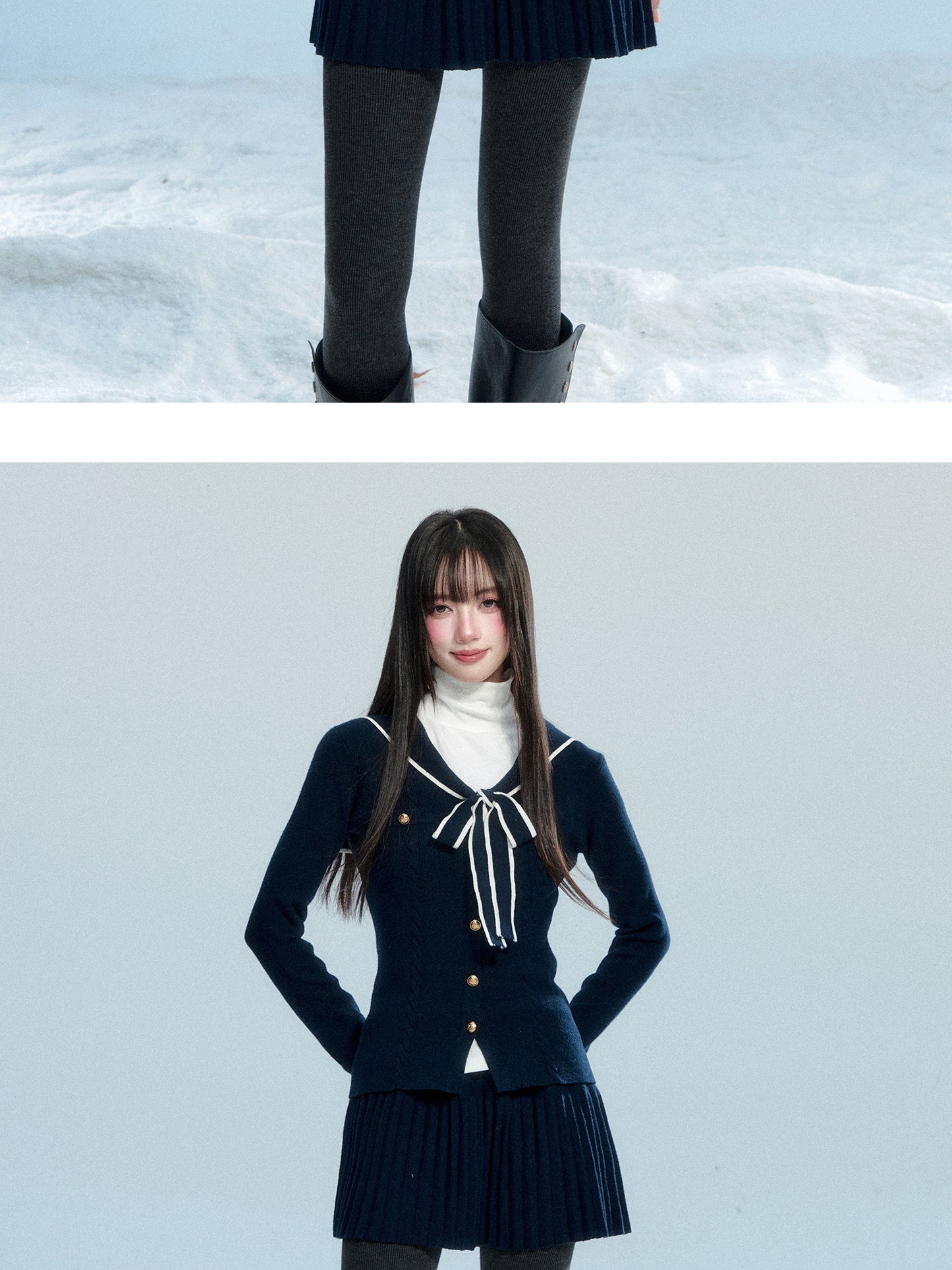 Slim Fit Sailor Collar Knit Top & Skirt