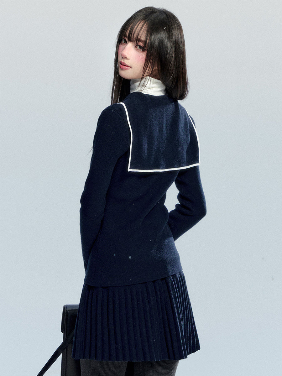 Slim Fit Sailor Collar Knit Top & Skirt
