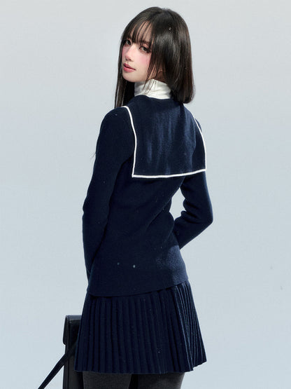 Slim Fit Sailor Collar Knit Top & Skirt