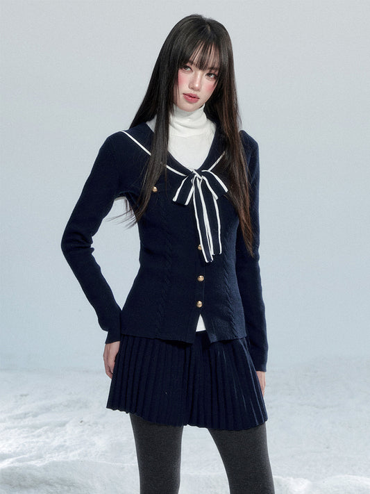 Slim Fit Sailor Collar Knit Top & Skirt