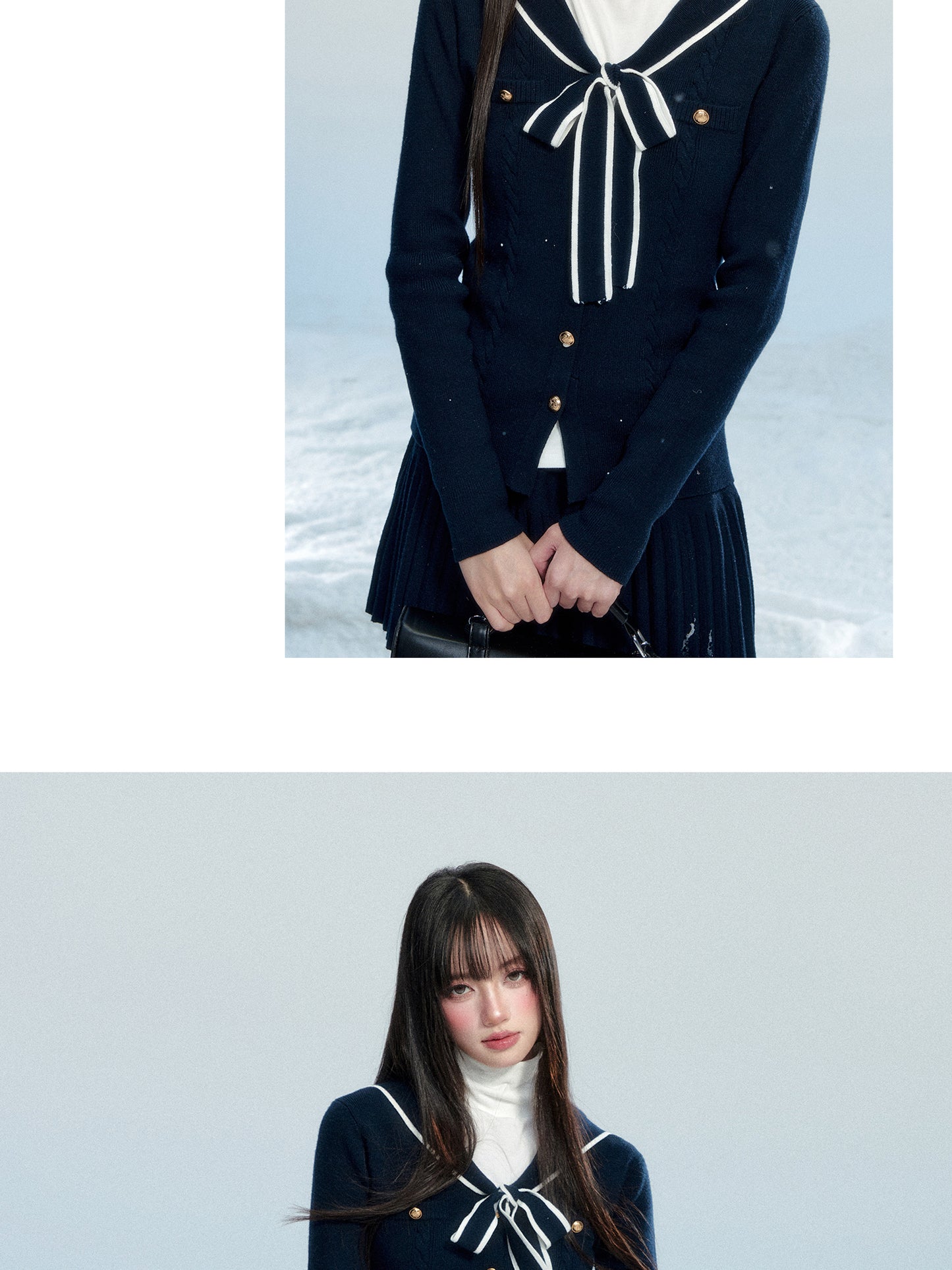 Slim Fit Sailor Collar Knit Top & Skirt