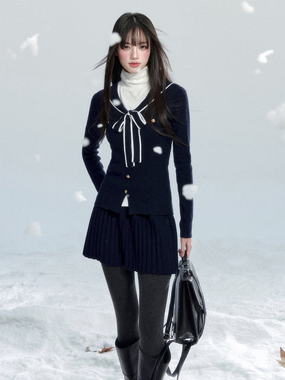 Slim Fit Sailor Collar Knit Top & Skirt