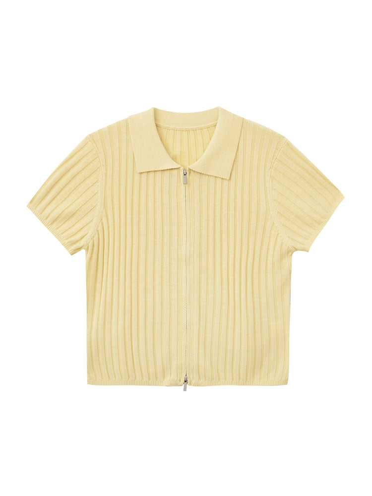 Zip-Front Collared Knit Top