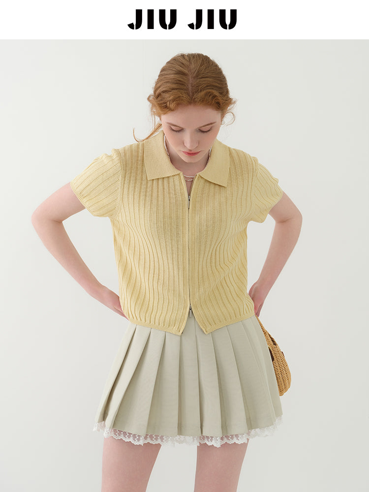 Zip-Front Collared Knit Top