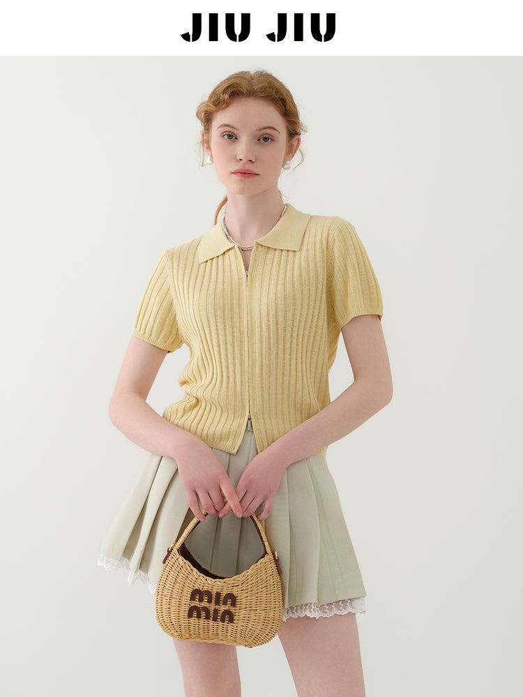 Zip-Front Collared Knit Top