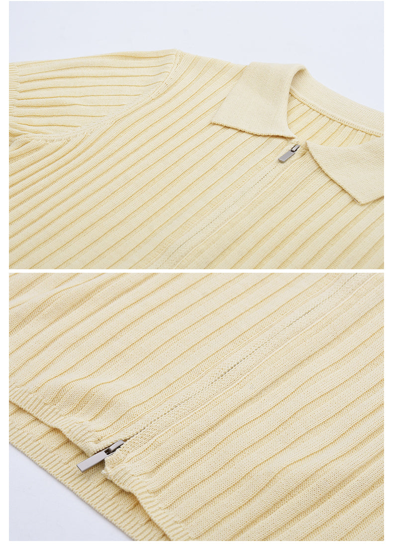 Zip-Front Collared Knit Top