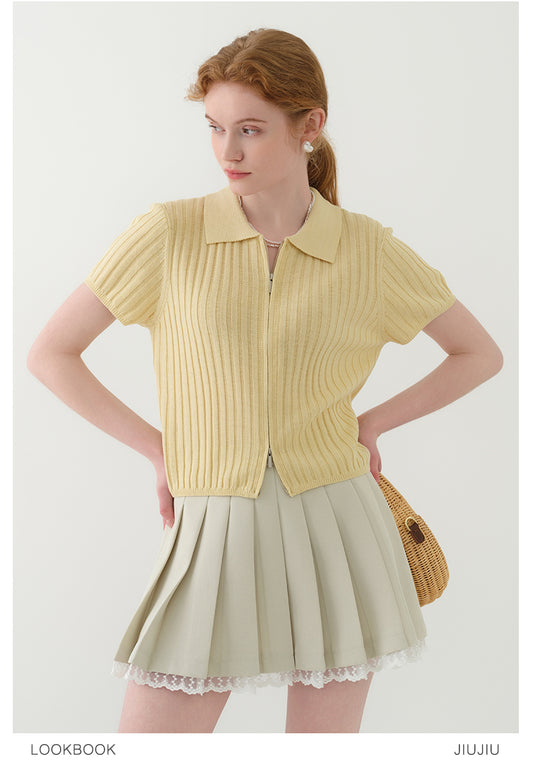 Zip-Front Collared Knit Top