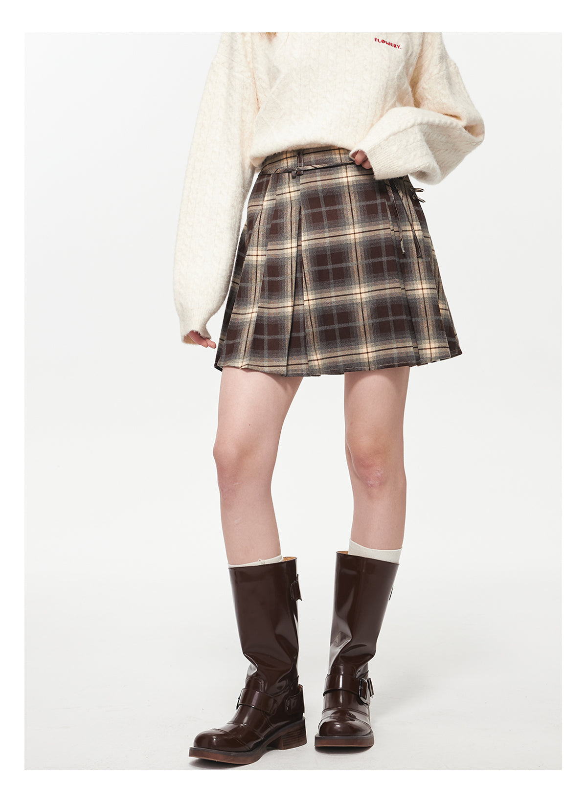 Ombre Plaid Skirt With Tie Strap And Metal Clasp Detail