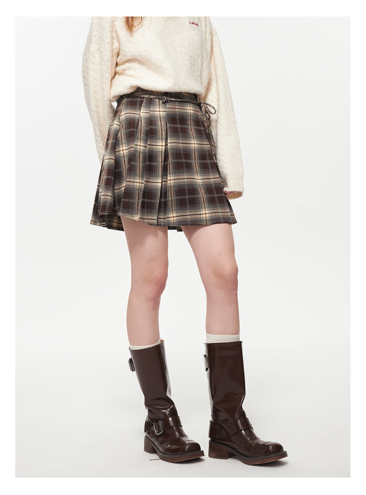Ombre Plaid Skirt With Tie Strap And Metal Clasp Detail