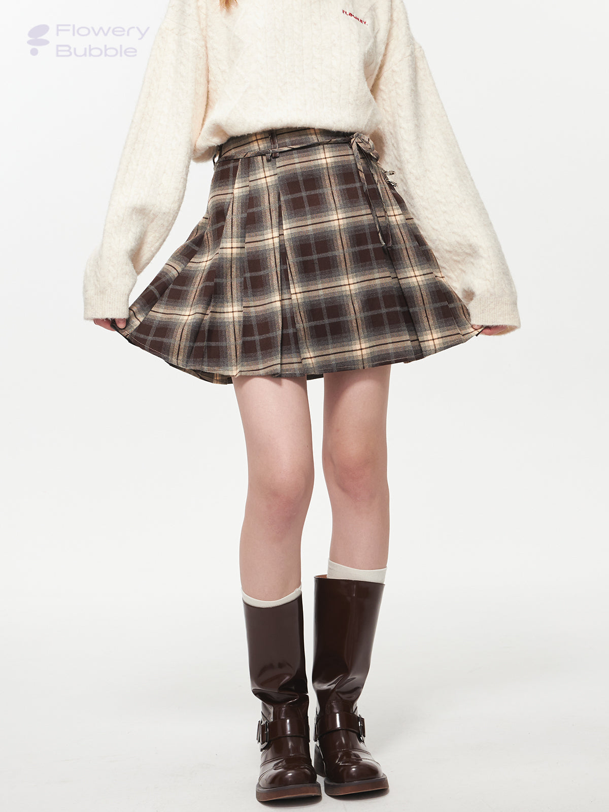 Ombre Plaid Skirt With Tie Strap And Metal Clasp Detail