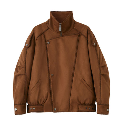 Corduroy-Trimmed Faux Suede Belted Jacket