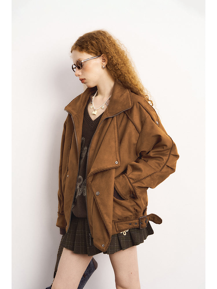 Corduroy-Trimmed Faux Suede Belted Jacket