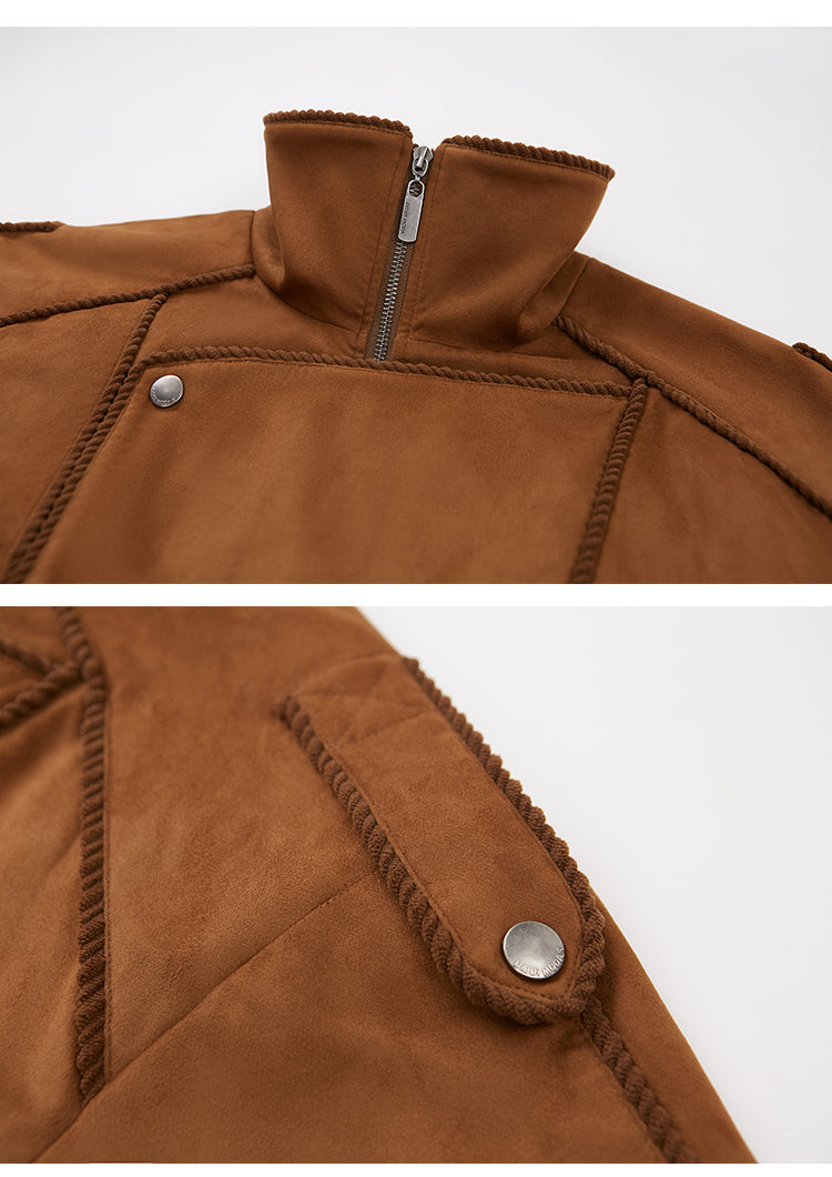 Corduroy-Trimmed Faux Suede Belted Jacket