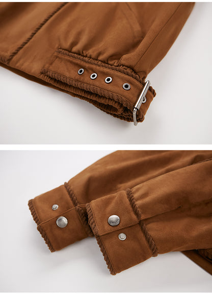 Corduroy-Trimmed Faux Suede Belted Jacket