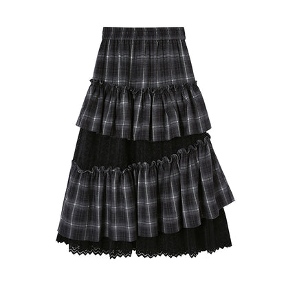 Plaid And Lace Asymmetrical Layered Skirt