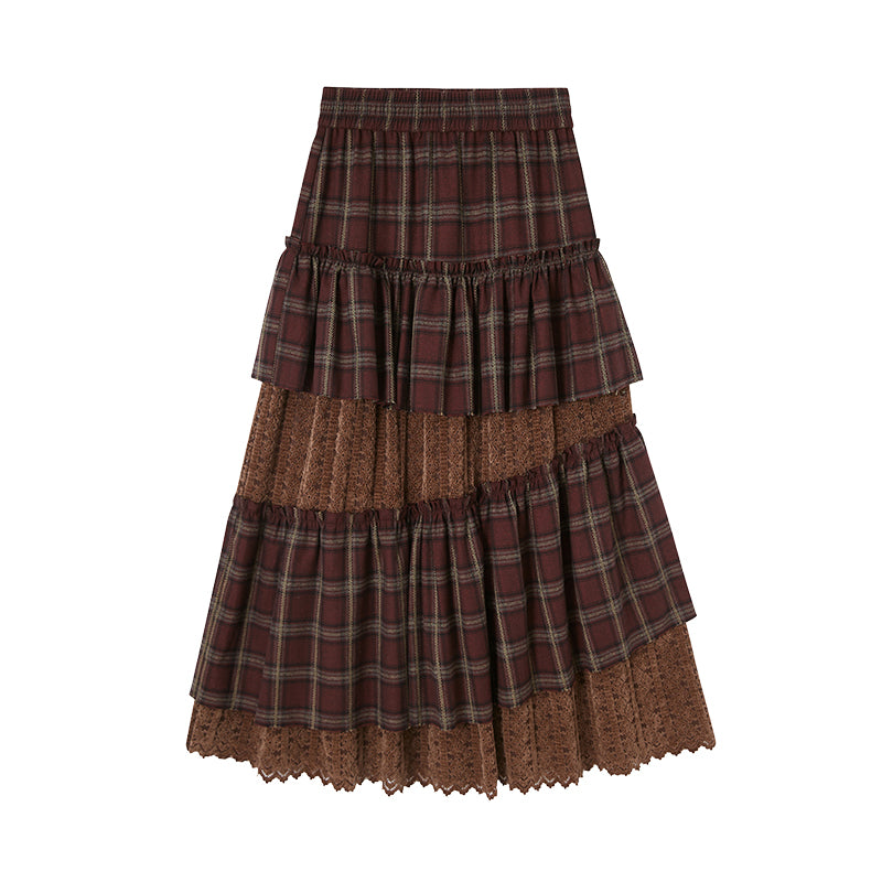 Plaid And Lace Asymmetrical Layered Skirt