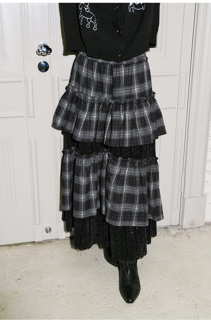 Plaid And Lace Asymmetrical Layered Skirt