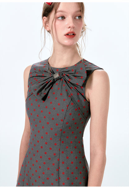 Large Bow Sleeveless Polka Dot Mini Dress