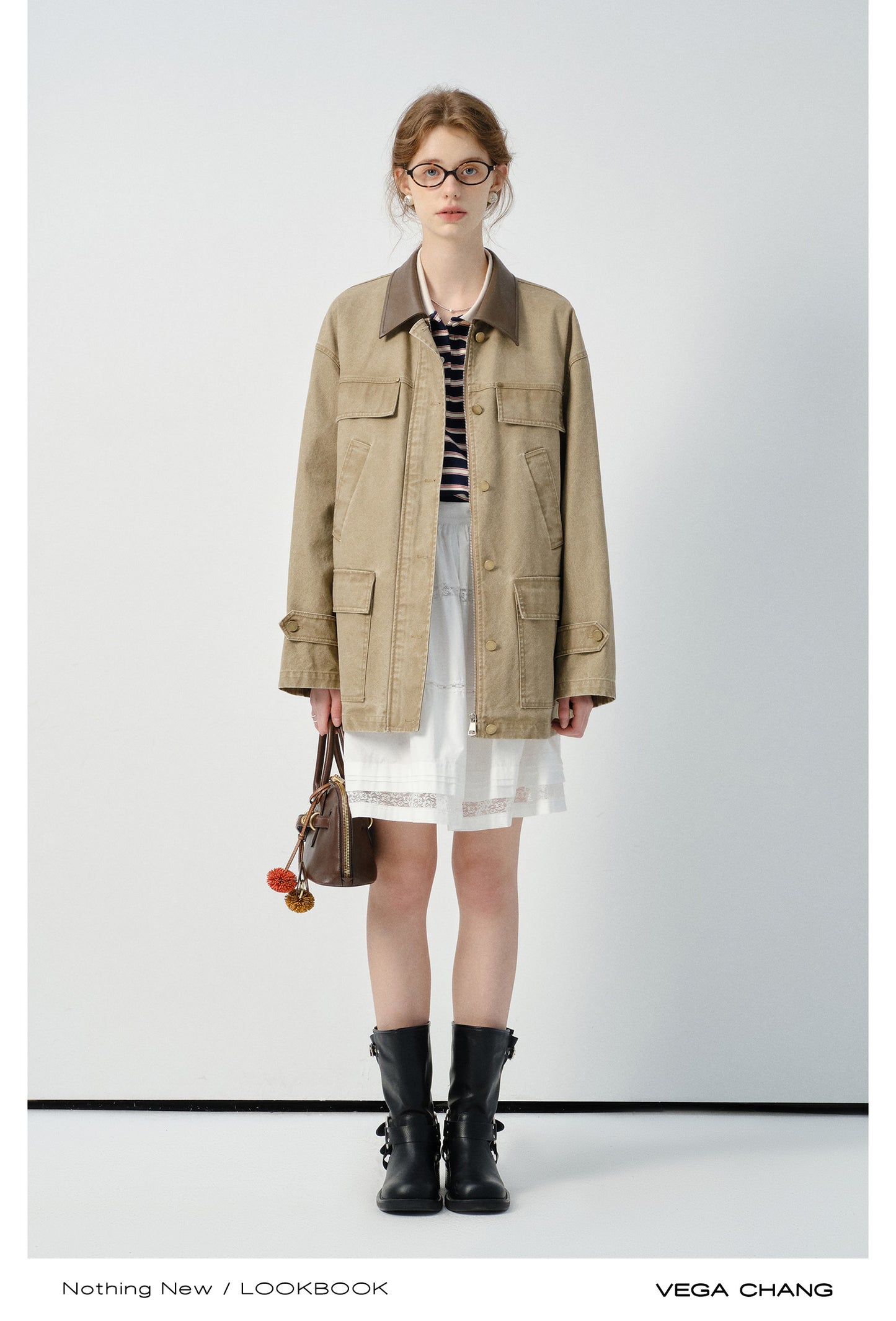 Faux Leather Collar Boxy Cotton Jacket