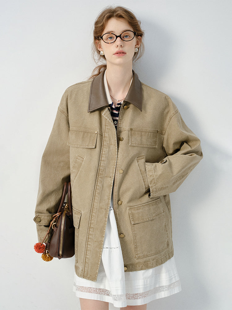 Faux Leather Collar Boxy Cotton Jacket