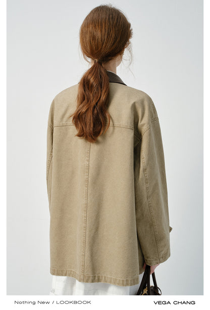 Faux Leather Collar Boxy Cotton Jacket