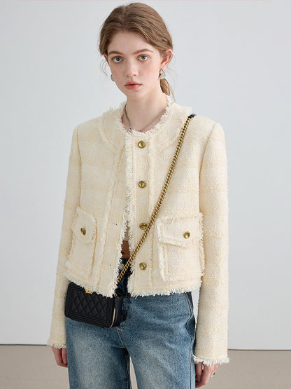 Raw Edge Wool Blend Tweed Short Jacket