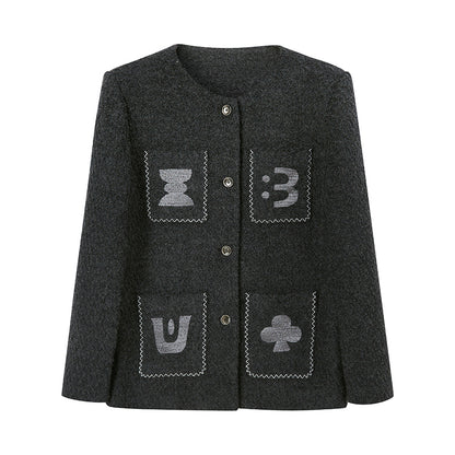 Embroidered Collarless Jacket With Multi-Pockets