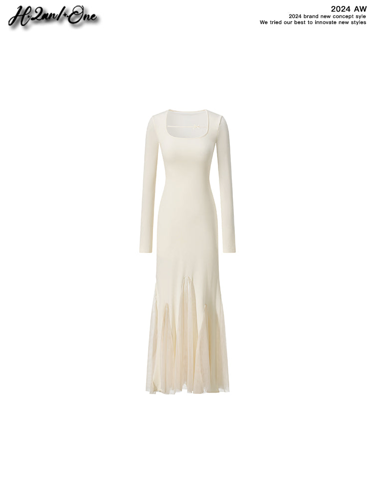 Fitted Fishtail Dress With Bow Strap And Mesh Hem