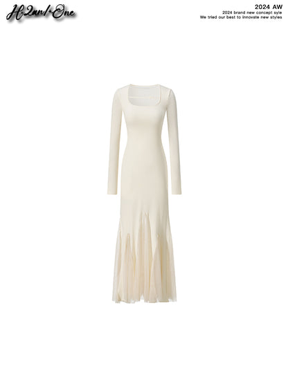 Fitted Fishtail Dress With Bow Strap And Mesh Hem