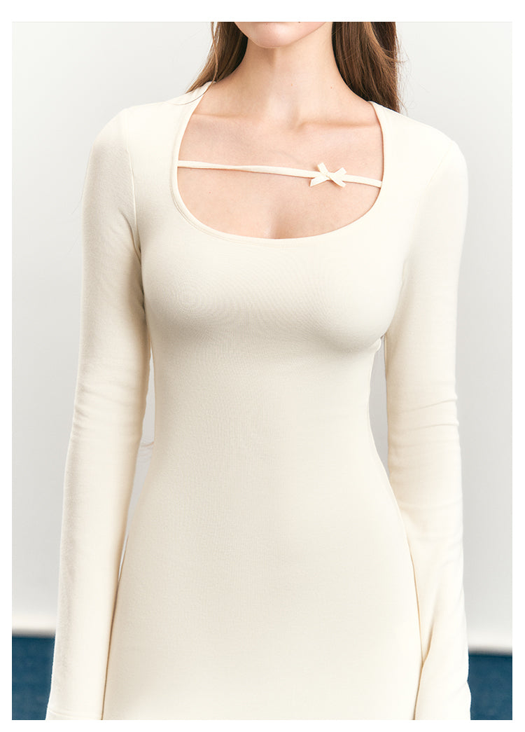 Fitted Fishtail Dress With Bow Strap And Mesh Hem