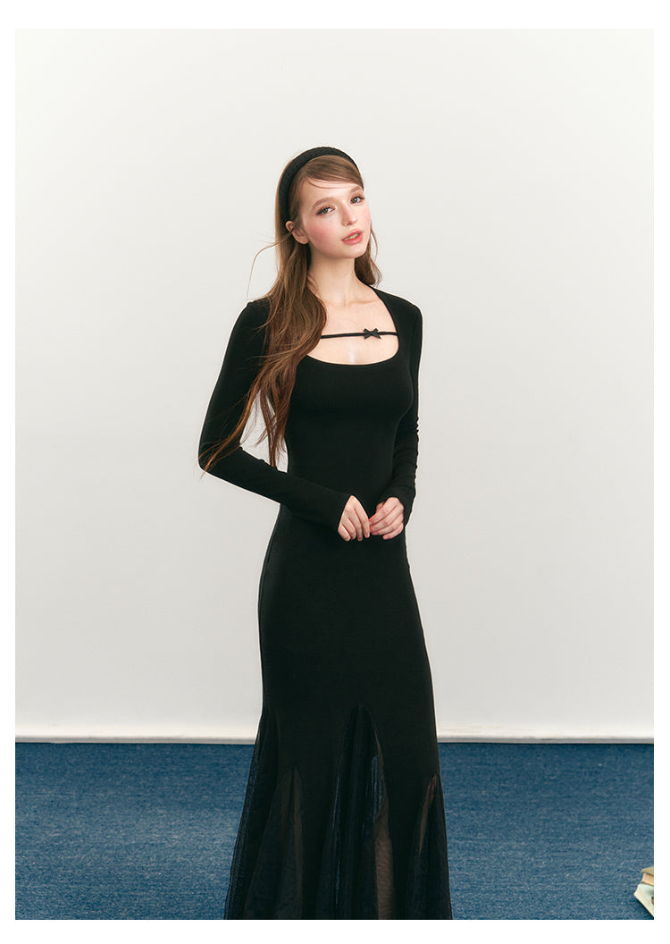 Fitted Fishtail Dress With Bow Strap And Mesh Hem