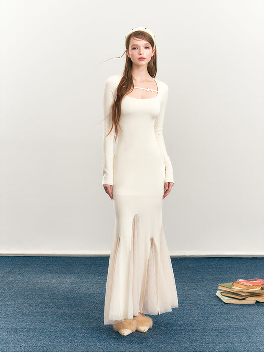 Fitted Fishtail Dress With Bow Strap And Mesh Hem